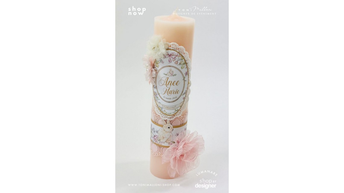 Lumânare Botez Fetiță Belle Époque cu Iepuraș Floral Lumânare Stâlp 30 cm H × 7 cm 4